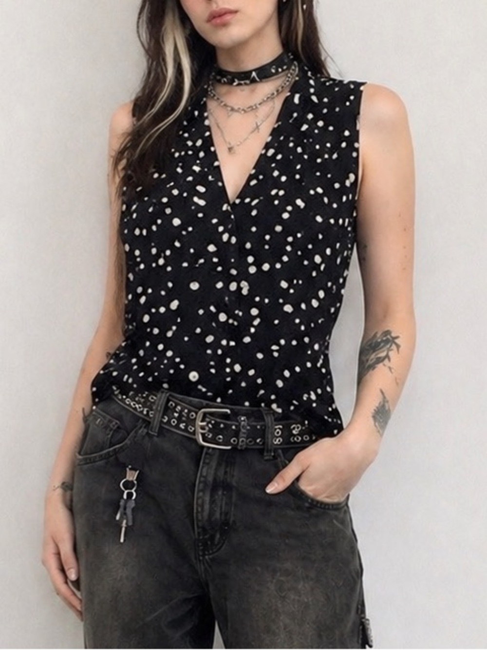 Cable & Gauge Grunge Y2K Polka Dot Sleeveless Top